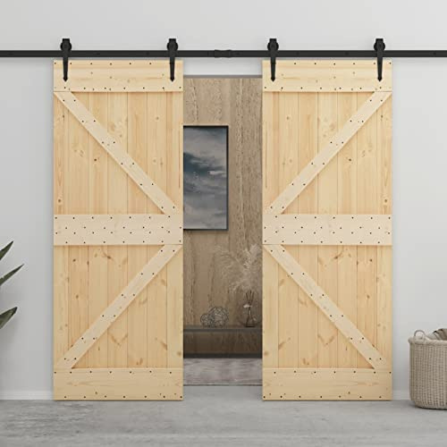 Gecheer Porte Coulissante avec Kit de Quincaillerie 90x210cm Pin Massif, Porte Suspendue avec Ensemble de Quincaillerie, Porte Intérieur pour Salon, Chambre, Cuisine, Grange, Garage Type P