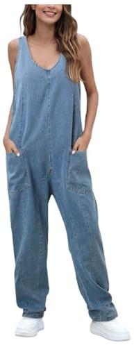 Latzhosen Für Damen Jeans, Jumpsuit Damen Elegant Lang Sommer Ärmellos Jeans Overall Sexy Jeanslatzhose Weit 90er Jahre Bib Romper Lässiger Riemchen Overalls Latzhose Große Größen Baggy Trägeroverall