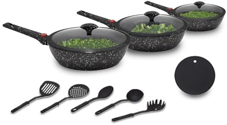 Avilia Pfannen-Set mit Antihaftbeschichtung, Schwarz, 12-teilig – Steinoptik mit abnehmbaren Griffen | Küchenutensilien mit Glasdeckel | geeignet für Induktion, Gas und Backofen
