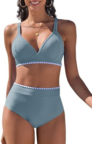 UMIPUBO Baddräkt 2 delar dam push up bikini V-ringad hög midja baddräkter set solid sexig tvådelad hög midja, Gråblå, S
