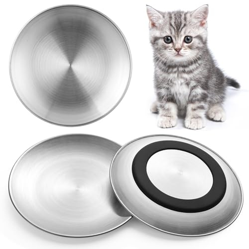Kattskålar i rostfritt stål, platt metall kattmatskål set med silikonring för halkfri, 17 cm breda och grunda katträtter eller tallrikar för matning av inomhuskatter, kattunge, små hundar (silver-3