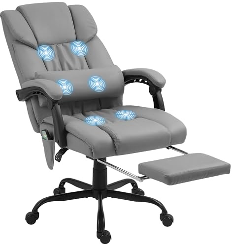 Vinsetto Silla de Oficina con Masaje Vibratorio de 6 Puntos Silla de Escritorio Giratoria con Respaldo Alto Reclinable Altura Ajustable Reposapiés y Mando a Distancia Gris