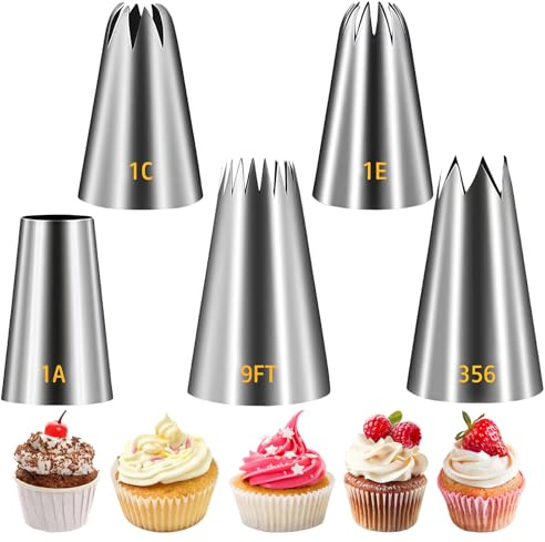 Auiremrti Large Piping Nozzle Set, Stainless Steel Cake Decorating Tips, 5-Piece Icing Tips for Decorating Cakes, Cupcakes, Biscuits (1A 1E 1C 9FT 356)