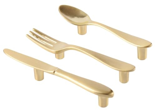 Gatuida Besteck Schubladengriffe 3 Stück aus Zinklegierung für Schränke | Löffel-, Messer- und Gabelform, Dekoratives Design, Goldfarbene Ausführung, Elegant und Fein