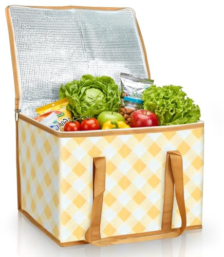 Kühltasche, 40L Große Thermotasche, Tragbar Wiederverwendbare Einkaufstasche mit Klassischem Karo, Faltbare Isoliertasche für Picknick BBQ Camping Einkauf Strand Reisen Auto (Orange, 40L, Orange 40L)