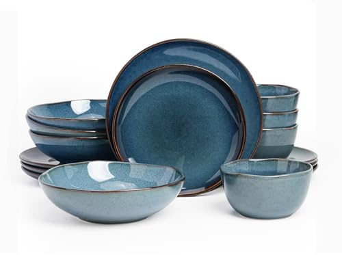 HomeVSS Highland 16pc Dinnerware Set, Unique Organic Shape Double Bowl, Stoneware Plate & Bowl Dish Set Service for 4, Scratch Resistant, Microwave & Dishwasher Safe, Natural Reactive Glaze, Blue