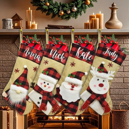 HOBULL Personalised Christmas Stockings, Custom Embroidered Christmas Stocking with Names, 46cm Large Xmas Stockings Family Decoration, Xmas Tree Fireplace Hanging Ornament Candy Pouch Gifts