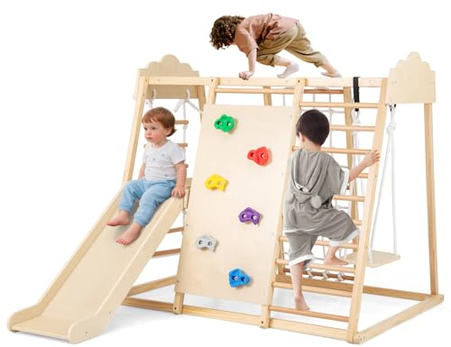 GOPLUS 8 en 1 Escalade Enfants Montessori, Triangle Escalade avec Toboggan, Échelle, Mur, Balançoire et Barre Fixe, Structure de Jeux de Intérieur pour 3 Ans+ (8 en 1,Naturel)