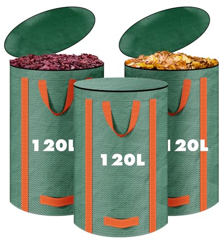 LUOJINYI Lot de 3 sacs à déchets de jardin de 120 l, solides, autoportants, avec couvercle et poignées, réutilisables, ramasse-feuilles verts, ramasse-feuilles pour coupe verte, tonte de gazon