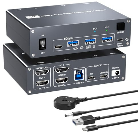 4K USB Type-C Docking KVM Switch 2 Monitore 2 Computer USB-C & Dual HDMI 4K @ 60Hz Dual Monitor KVM Switches für Laptop und Desktop, PD 100W Laden, mit Typ-C 3.1 Gen 2 Kabel & kabelgebundener
