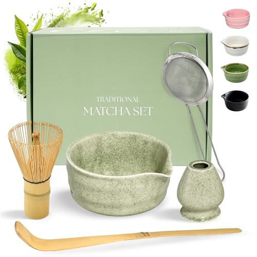 comforder Juego de escoba Matcha – Completo con cuenco de matcha con vertedor, chasen, soporte, cuchara y colador de acero inoxidable, cuenco de 500 ml en caja de regalo, 5 piezas, color verde