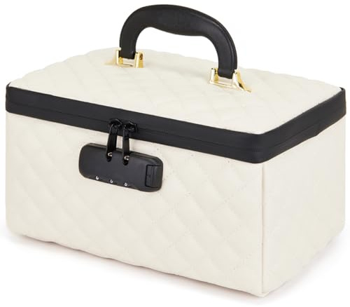 KaAutoler Portable makeup box with Lock, Large Capacity Travel Makeup Case Organizer, Makeup Bags for Girls Traveling With Handle and Divider Makeup Bag (off-white)