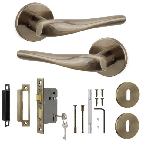 Decoranddecor Antique Brass Door Handles Internal Sash Lock and Keys | CE marked, 44 mm backset lock, two keys, built to last Internal Door Handles, fits 35-45 mm doors, Nanda Range