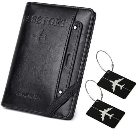 SparkleJoy Reisepasshülle mit RFID 2 Kofferanhänger PU Leder(Schwarz) | RFID Reisepasshülle aus PU Leder mit 2 Aluminium Kofferanhänger, 3 Kartenfächer, SIM-Fächer, wasserdicht, Reise-Set