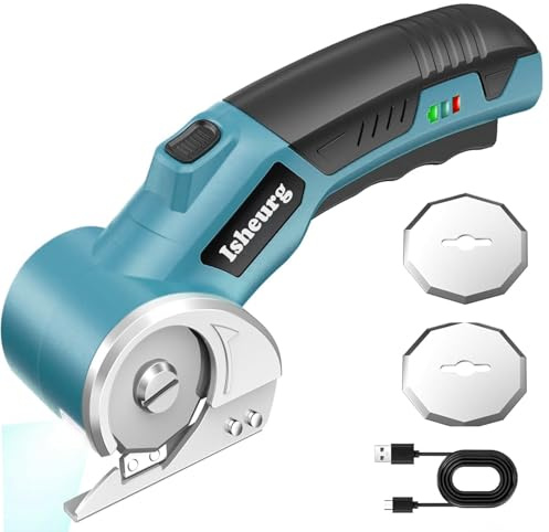 Isheurg Kartonschneider Elektrisch,Elektrische Schere,Akkuschere Tragbar Rollschneider Akku-Universalschneider Rotationsschneider 2 Elbstschärfender Klinges für Pappe,Papier,Teppich,Filz,Leder
