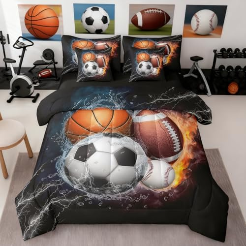 Erosebridal Sports Comforter Set 7 Pieces Full Size Boys Bedding Set Kids Football Basketball Baseball Soccer Bed in A Bag with Sheets, Flame Printing Ball Game Bed Sets Bedroom Decor