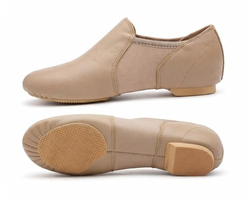Tan Slip On Jazz Dance Shoes - Pure Leather - Modern Stage Rubber Heel - Neoprene - Irish Dancing Pumps Eye Style Slipper - Kids Adult - (Adult 6)