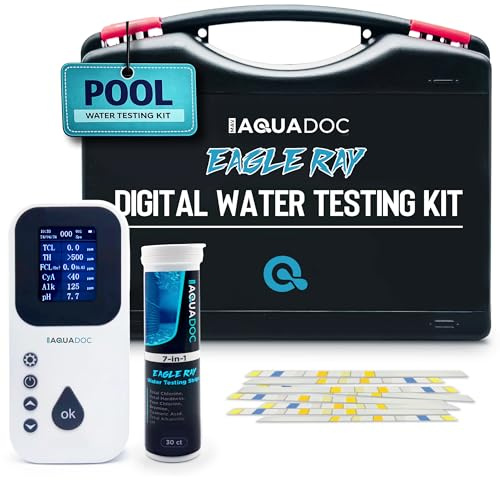 Eagle Ray Digital Pool Water Test Kit by AquaDoc with Digital Water Tester and 30 Pool Test Strips for Chlorine, Bromine, Total Hardness, Cyanuric Acid, Alkalinity, and pH