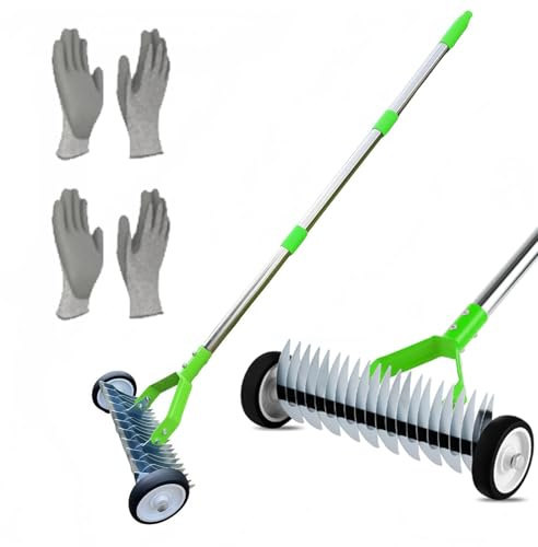 Rastrello per paglia, Rastrello arieggiatore per prato da 130 cm, Scarificatore per prati, con manico regolabile, per pulire l'erba morta, il terreno durevole del giardino in giardino green
