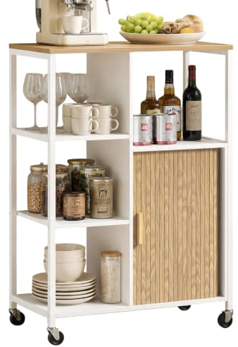 Skokliz Carrello da cucina con ruote, mobile con vano portaoggetti e ante rotelle, isola da cucina con piano di lavoro, carrello per cucina, soggiorno e sala da pranzo, 37 x 67 x 95 cm