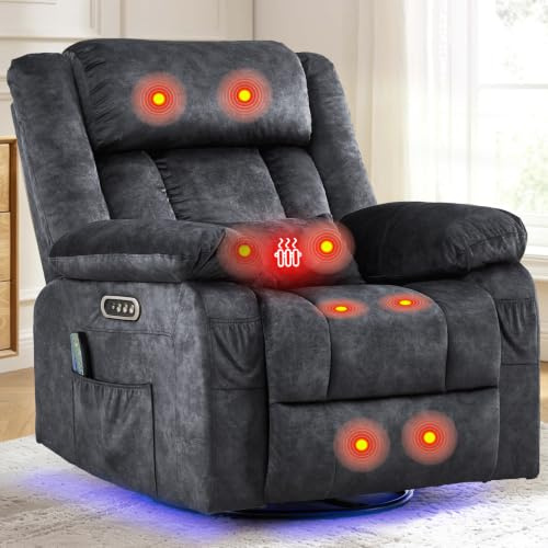 ZRNINR Relaxsessel mit Massagefunktion, Fernsehsessel Elektrisch Verstellbar, 240°Drehbarer Relaxsessel mit Liegefunktion, Schaukelsessel Wohnzimmer Kinosessel mit LED, Anthrazitgrau