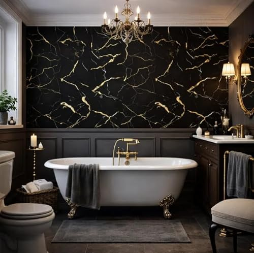 Be-Creative Lot de 2 panneaux muraux effet marbre noir et doré - 240 cm x 60 cm - Panneaux de douche en PVC - 100 % imperméable - Pour salle de bain, douche et murs d'accent - Facile à installer