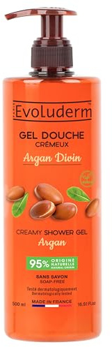 EVOLUDERM - Gel Douche Crémeux Argan Divin - 500 ml - 95% d'Origine Naturelle - Végan - Fabrication Française