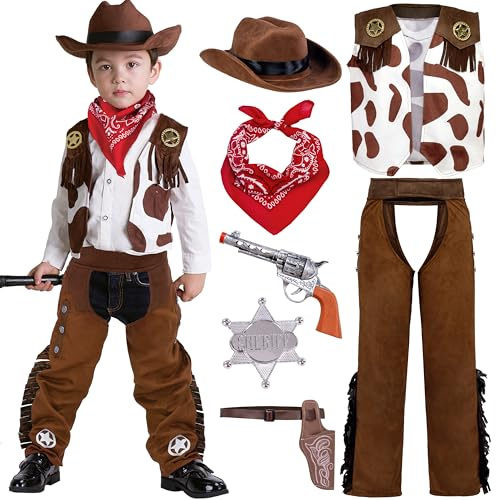 Spooktacular Creations Halloween Cowboy Hat Costume for Boys, Kids White Brown Western Costume, Deluxe Cowboy Outfit Set for Toddler Halloween RolePlay Themed Party (Small, 5-7 yrs)