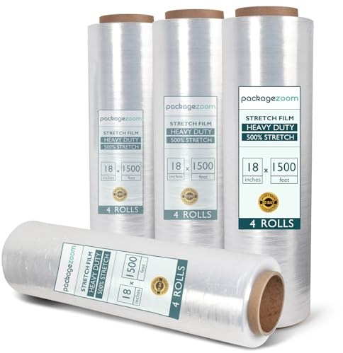 PackageZoom 4 Rolls Clear Stretch Wrap Film 18” x 1500 feet Plastic Wrap for Moving, Packing, Shipping & Storage Heavy Duty Industrial Cling Film for Boxes and Furniture