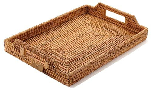 Plateau de Service en Rotin avec Poignées, Plateau en Osier Rectangulaire pour Petit-déjeuner, Boissons, Collation (37cm)