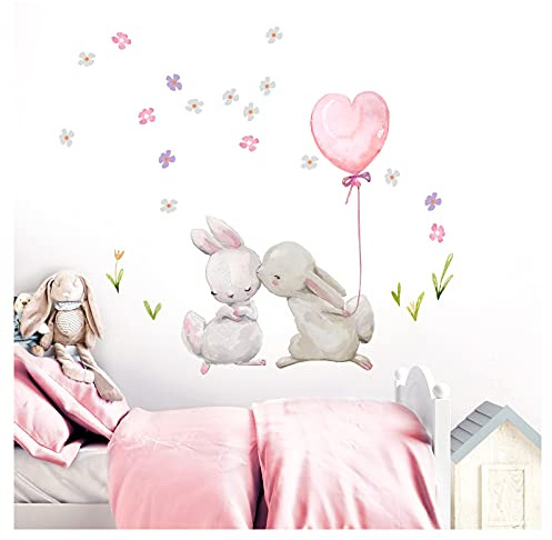 Little Deco Wandtattoo Küssende Hasen mit Luftballon Rosa Herzform DL230
