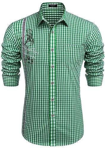 COOFANDY Camisa Tradicional Hombre Manga Larga Oktoberfest Regular Fit Traje Moderno Ocio Fácil Planchado Camisa Tradicional para Hombre Verde XXL