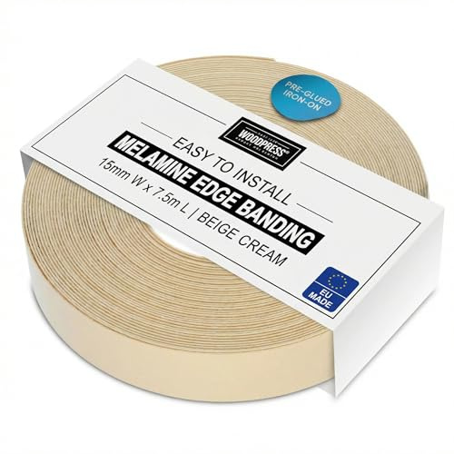 WoodPress® 15mm Beige Cream Pre-Glued Melamine Edging Tape 7.5m | Edge Banding Roll, Hot-Melt Glue, Professional Flexible Trim for Fast Furniture Repair, Cabinet & Shelf Finishing, Iron-On