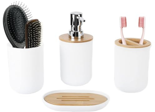 Yuecoom 4-teiliges Badezimmer-Zubehör-Set,bestehend aus Seifenspender Zahnbürstenhalter Zahnputzbecher Seifenschale,Bad Accessoire Set Moderne Badezimmerdekoration Bad Zubehör Set (Weiß)