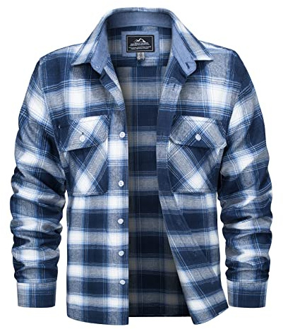 Fleece Lined Flannel Shirt for Men with Snap Buttons Mens Plaid Shirts Long Sleeve Shirts Casual Shirts for Men Workout Shirts Blue White