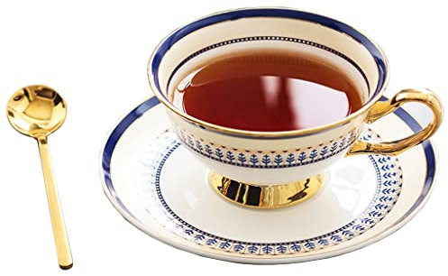 Bone China Conjunto de Café,Juego de taza de té,Juegos tazas te porcelana inglesa,Tazas de Café Florales,Con decoración dorada de porcelana,Regalo dulce for el día de San Valentín ( Color : Blue )