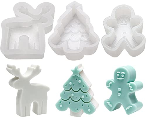 Pomurom 3 Silikonformen Weihnachten Silicon Mold Resin, Silikonform Weihnachtsbaum Lebkuchenmann Hirsch Epoxidharz Gipsguss Weihnachtsduftkerze Klein, Silikonformen Für Beton Epoxidharz Kerzen Gießen
