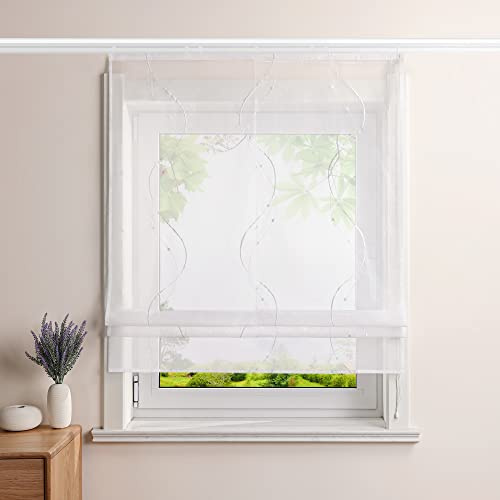Heichkell Voile Raffrollo mit Klettband Transparent Raffgardinen Vorhang mit Stickerei Wohnzimmer Gardine Weiß BxH 100x140cm