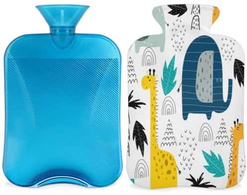 Tropical Giraffe Elephant Hot Water Bottle with Cover 2L, Animal Palm Tree PVC Hot Water Bag for Hand Feet Warmer, Pain Relief,Hot Compress and Cold Therapy