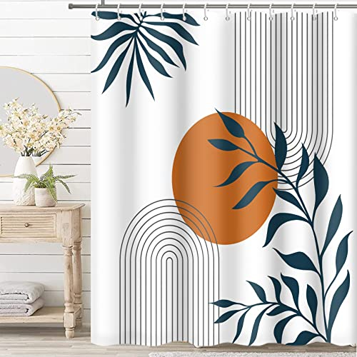 MIRRORANG Boho Abstract Shower Curtain with 12 Hooks, Fabric Mould Proof Resistant, Leaves Plant Modern Shower Curtain 100% Polyester (180 x 180 cm), Orange