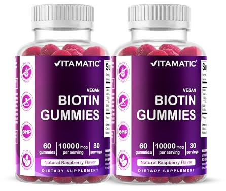 Vitamatic Biotin Gummies 10,000 mcg for Stronger Hair, Skin & Nails - 60 Vegan Gummies - Also Called Vitamin B7 (2 Bottles)