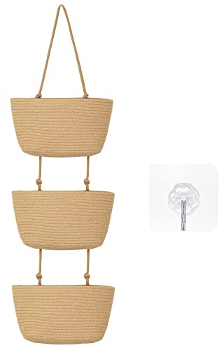 Xuhal Over The Door Hanging Basket Organizer Boho Woven Wall Baskets Storage 3 Tier Cotton Wall Mounted Decorative Bag Hanging Nursery Baskets for Books Flowers Toys Closet Living Room Bathroom