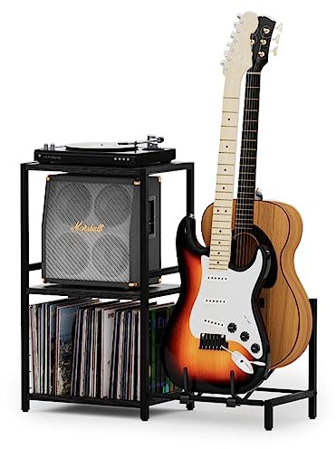 YAKANJ End Table with Guitar Stand, Record Player Stand, Vinyl Record Storage, 2 Layer Guitar Stand for Acoustic Electric Guitar, Bass, Turntable Stand Side Table for Music Room