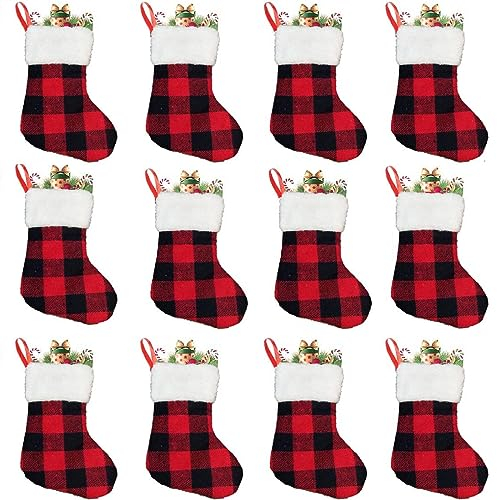 TSQZE 12 Stück Mini Weihnachtsstrumpf Weihnachtssocken Set, Kleine Nikolausstiefel Geschenkbeutel Weihnachtsbaum Anhänger, Hängende Strümpfe Weihnachtsdeko Für Kamin, Weihnachtsbaum (Stil C)