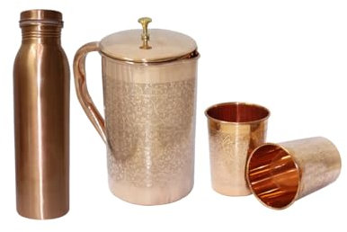 BRACOP® Wasserkrug Kupferkrug mit Deckel 2 Kupferbecher Gläser Becher Ayurveda-Kupferbecher auslaufsichere Wasserflasche mit Deckel Trinkflasche reines Kupfer für Reisen Servierkrug als Geschenke