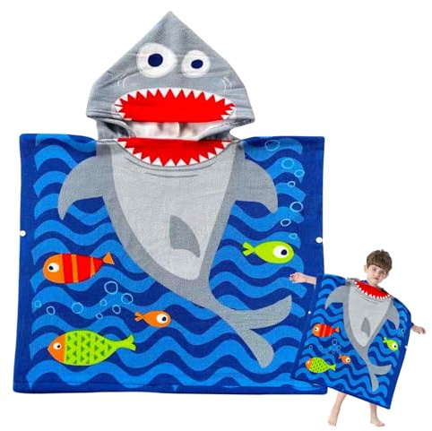 Kids Hooded Poncho Towels Blue Shark Beach Towel with Hooded for Boys,60*90cm Bath Towel Poncho Beach Changing Robe for 5-7 th Old Boys,Polyester Terry Ringspun Poncho Towel for Kids Swim Pool Holiday