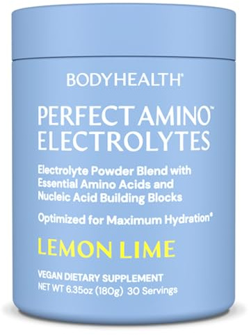 BodyHealth PerfectAmino Electrolyte Powder No Sugar, Hydration Fasting Keto Zero Sugar Electrolytes Drink Mix with Trace Minerals - Lemon Lime - 30 Servings