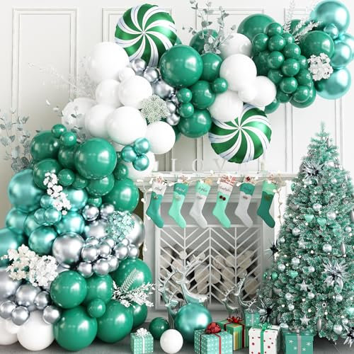 Palloncini verdi per Natale, 134 pezzi, stile retrò, verde scuro, bianco, argento, decorazione natalizia con dolcezza, palloncini in pellicola, per Natale, baby shower, Capodanno, decorazione per