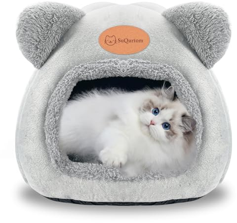 Cat Cave Bed Igloo - Small Tent House, Foldable Comfortable Pet Sleeping Cave for Cats, Kittens, Indoor (Gray, 36x36x36cm)