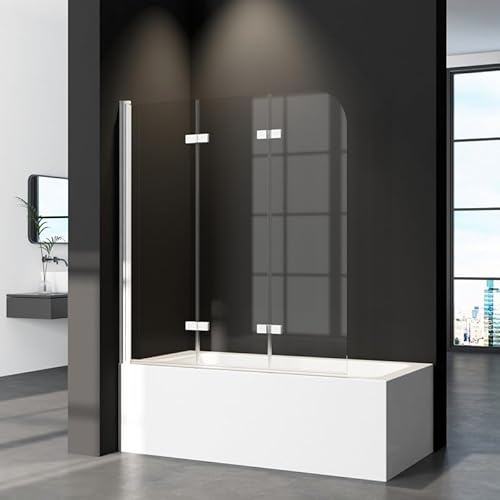 Duschwand für Badewanne 140 x 140 cm 3-teilig Faltbar, Weiß Duschabtrennung Badewannenaufsatz aus 6mm ESG Sicherheitsglas mit Nano Beschichtung, 140cm Duschtrennwand Glas Badewannenwand
